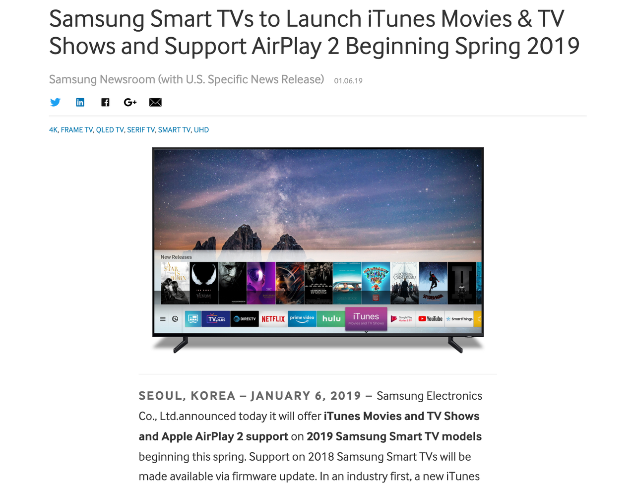 Samsung Electronicsがが行った同社のテレビ製品についての発表。
