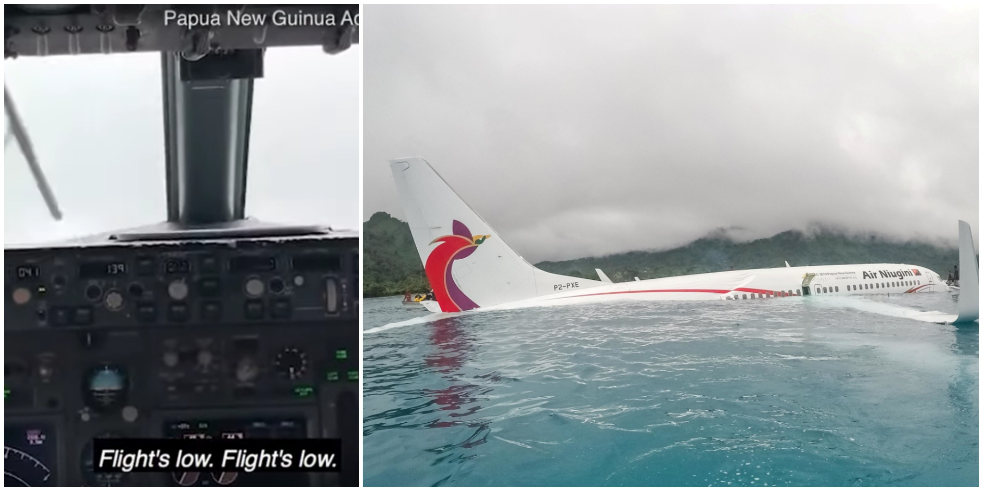 墜落する直前のコックピット（左）と環礁に墜落したニューギニア航空のボーイング737