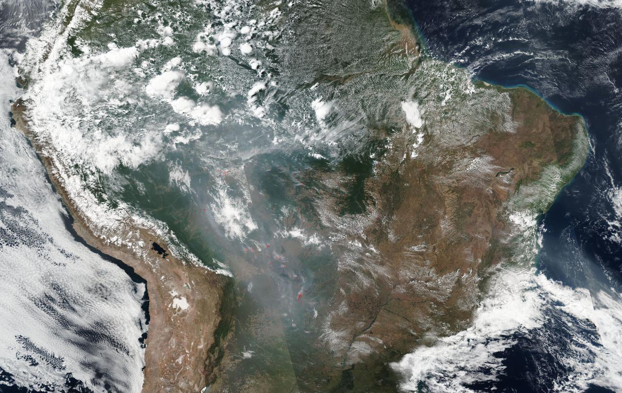 火災が起きているアマゾン川流域を捉えたNASAの衛星画像。2019年8月21日。