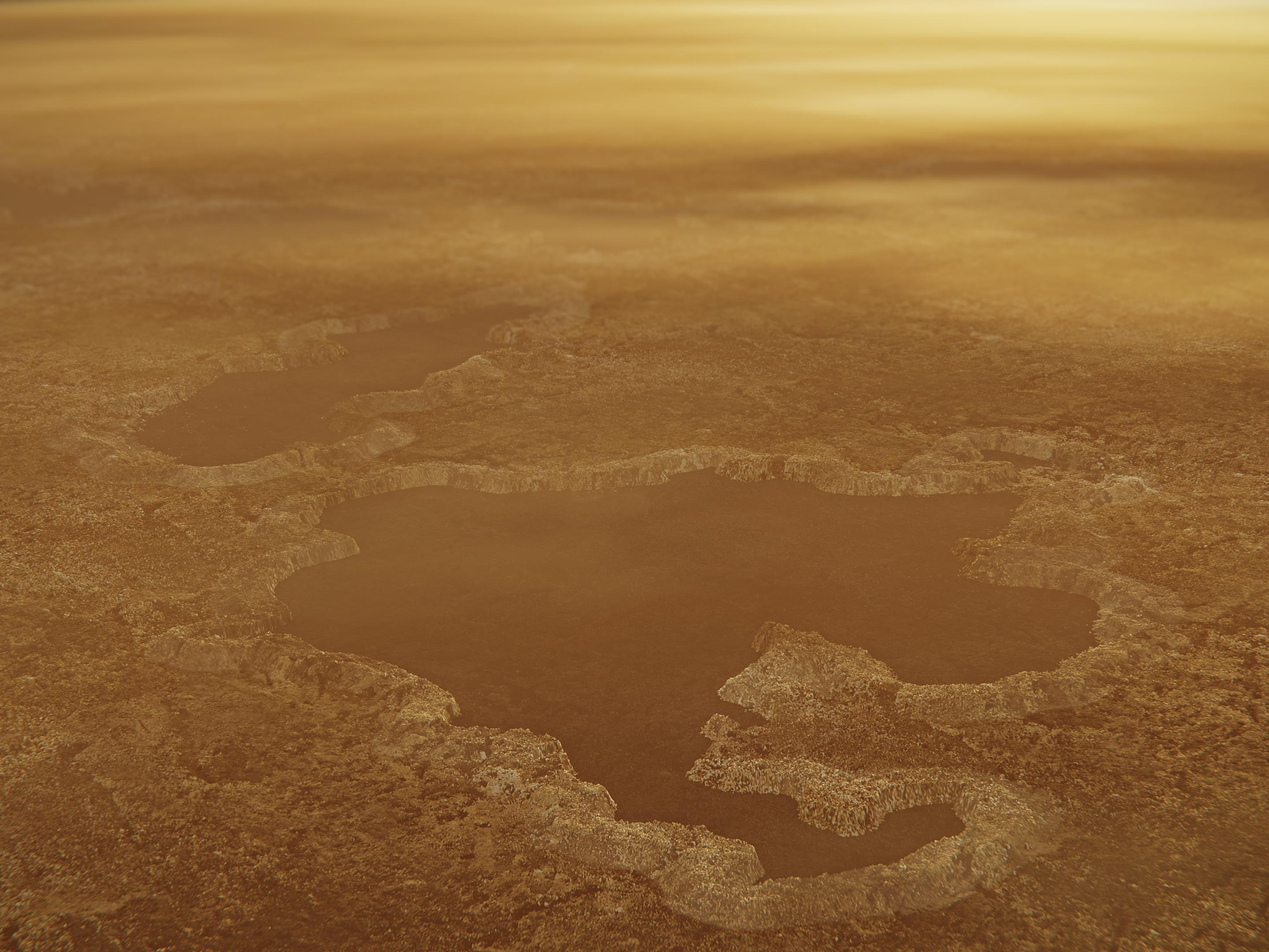 土星の衛星タイタンの北極にある湖の想像図。隆起した縁と土塁のような特徴は、NASAの探査機カッシーニによる観測結果を反映している。