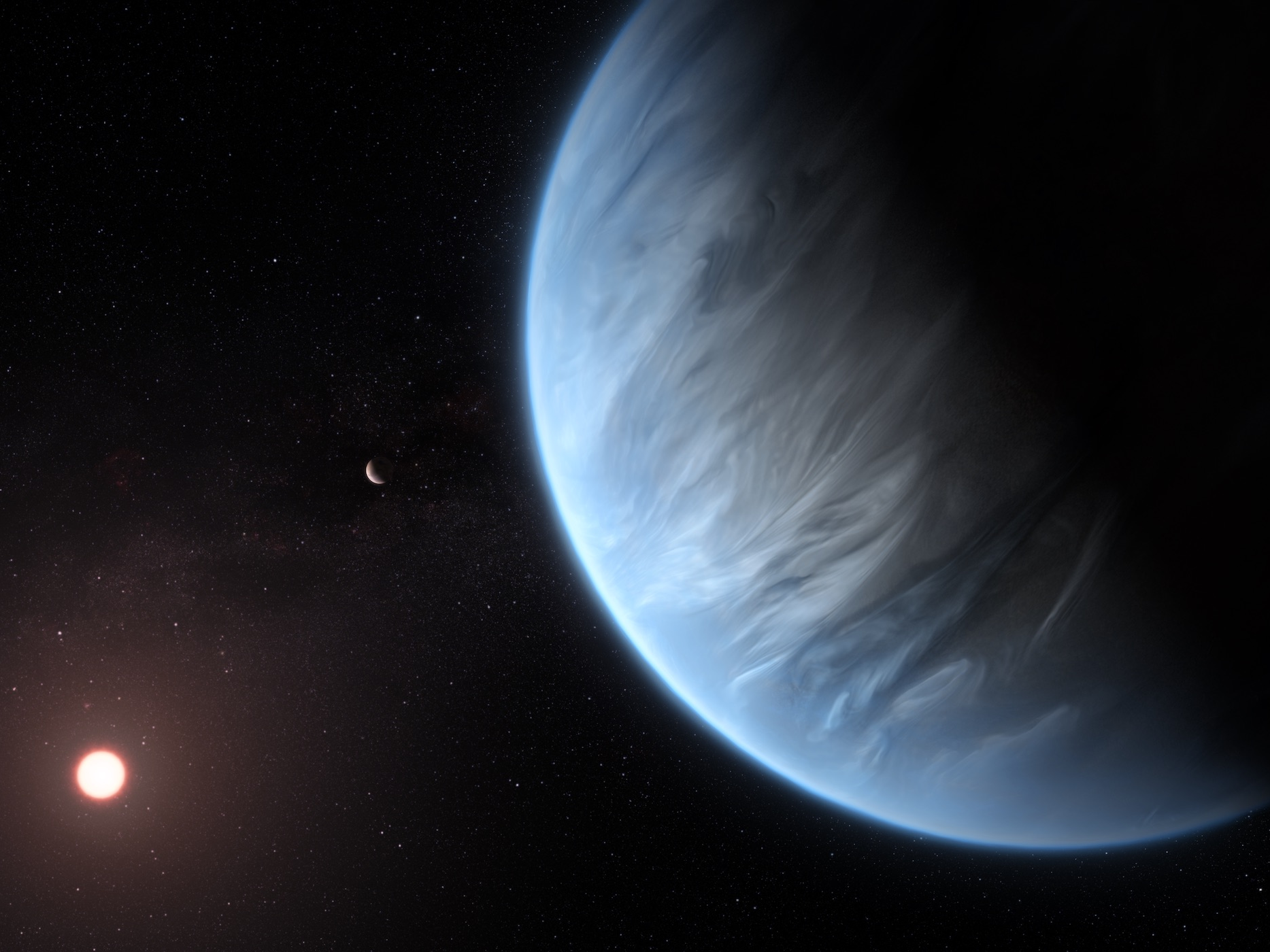 赤色矮星を周回するK2-18bの想像図。現時点においてK2-18bは、太陽系外のスーパーアースの中で、水と生命活動が維持できる温度を有する唯一の惑星であることが分かっている。