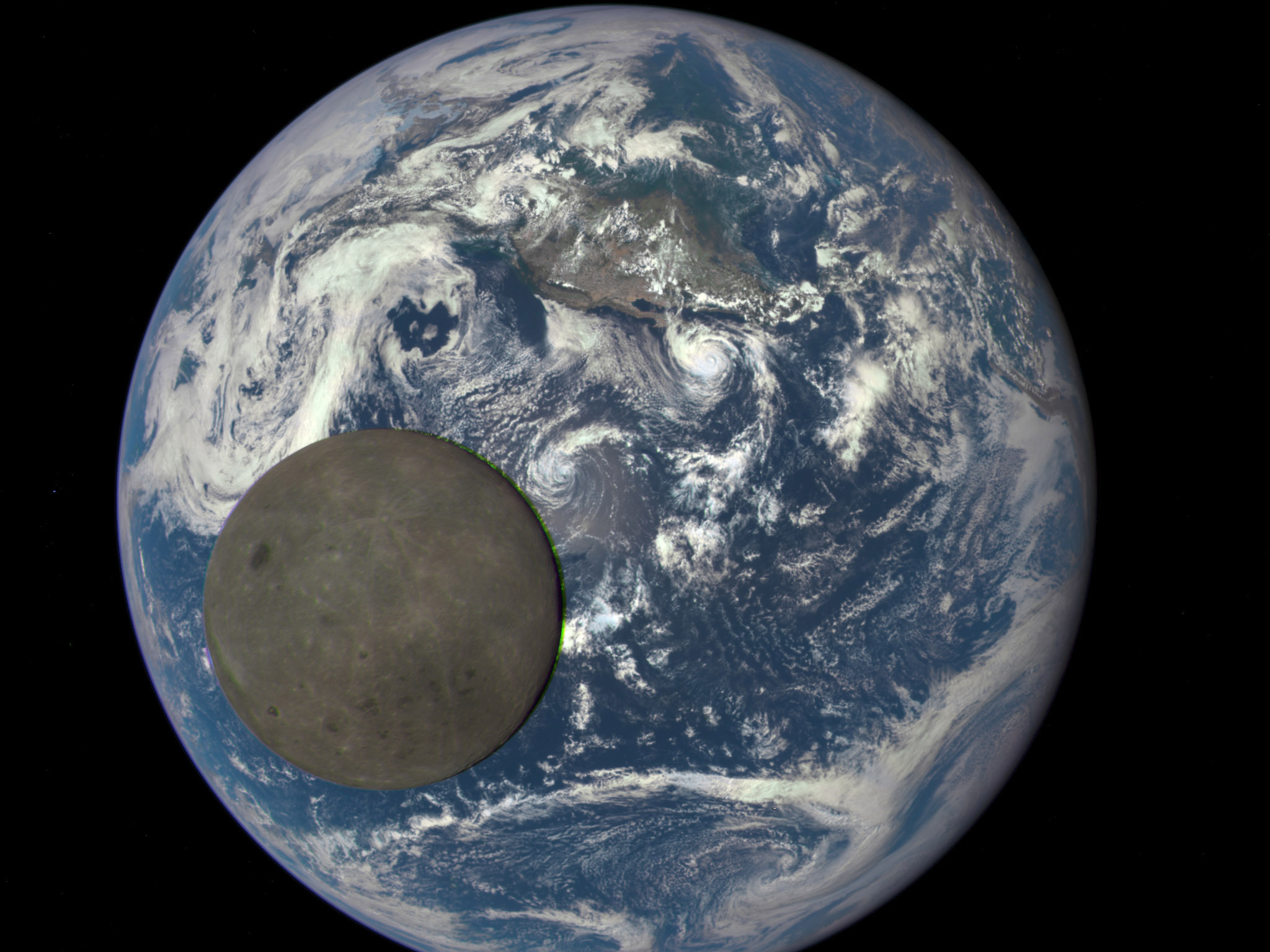 NASAによるこの資料画像では、地球から160万キロ離れたDSCOVR（深淵宇宙気候観測衛星）と地球の間を通過している月の裏側を捉えている。