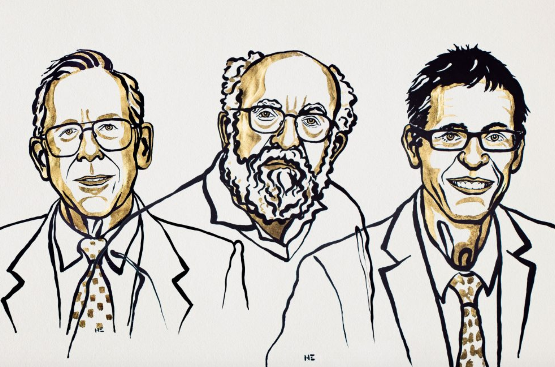 ノーベル物理学賞の受賞者3名の似顔絵