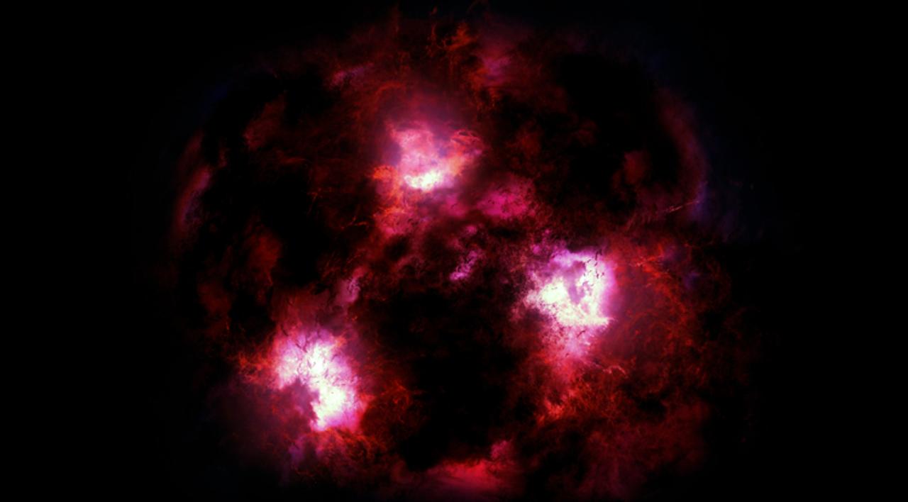 初期宇宙での巨大銀河の想像図。厚い塵の雲にほとんどの光が隠され、銀河はぼんやりとしたまとまりのない姿となっている。現在見られる銀河とはかけ離れた姿だ。