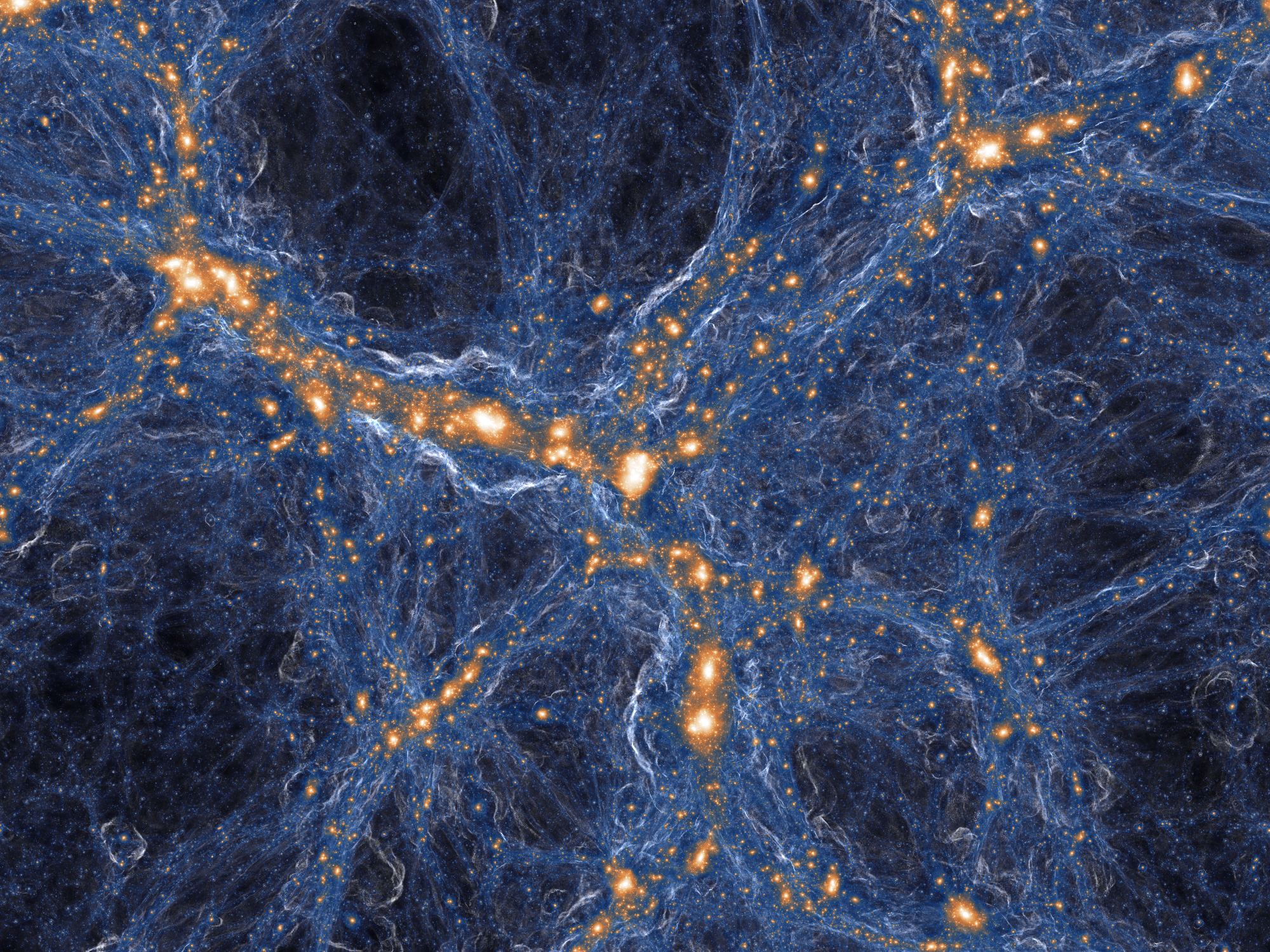 宇宙のクモの巣構造の上の暗黒物質（青）と可視物質（オレンジ）のシミュレーション画像。