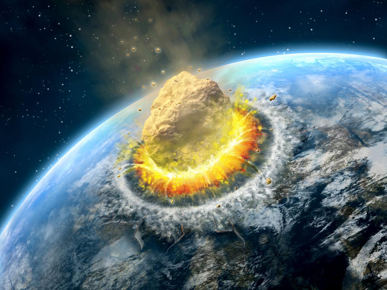 小惑星が地球に衝突する様子の想像図。