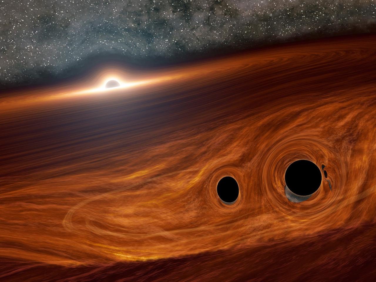 超大質量ブラックホールとその周りのガス円盤の想像図。この円盤の中には、互いに周回する2つの小さなブラックホールが含まれている。