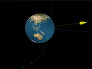 2020年8月16日に地球を通過した小惑星｢2020QG｣。黄色の矢印は太陽の方向、青は地球の方向、緑は30分ごとに小惑星の位置を示している。