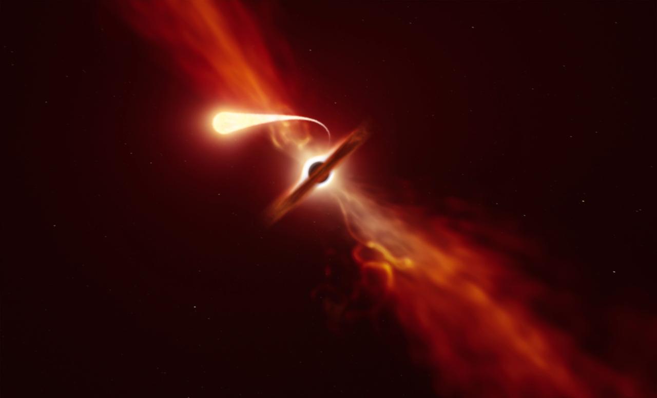 星がブラックホールに飲み込まれ、スパゲッティのようになっていく場面の想像図。