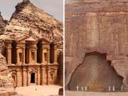左：かつてナバテア人が現在のヨルダンに築いた古代都市ペトラのエド・ディル（修道院）。右：2024年にオープン予定の｢シャラーン・バイ・ジャン・ヌーヴェル・リゾート｣の外観完成予想図。