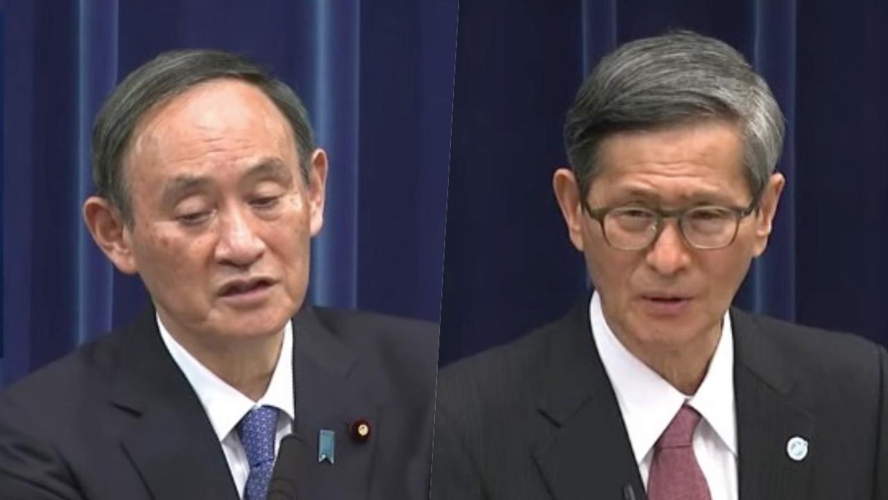 記者会見する菅義偉首相と尾身茂・新型コロナウイルス対策分科会会長（2021年1月7日）