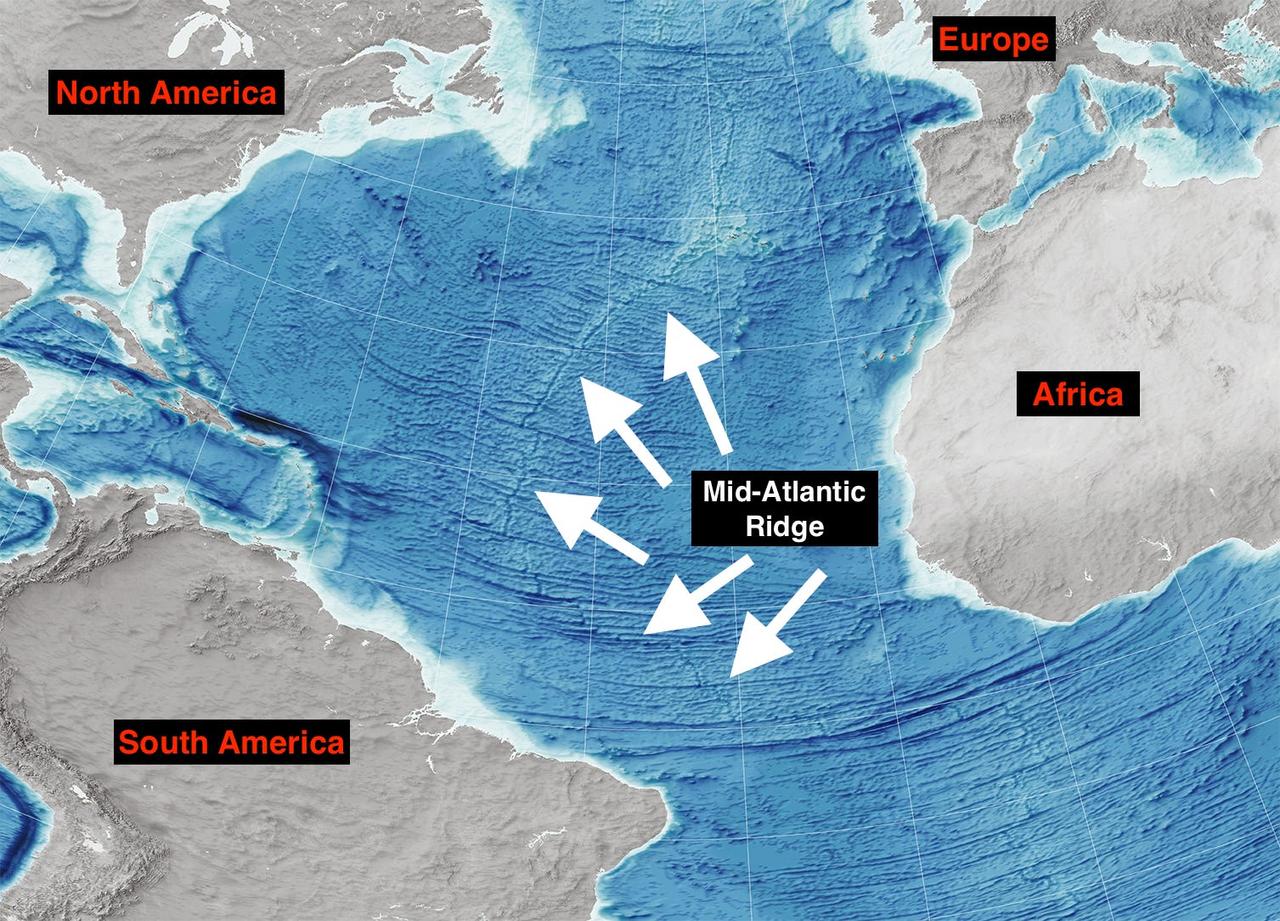大西洋の海底地形図。白い矢印が大西洋中央海嶺を指している。