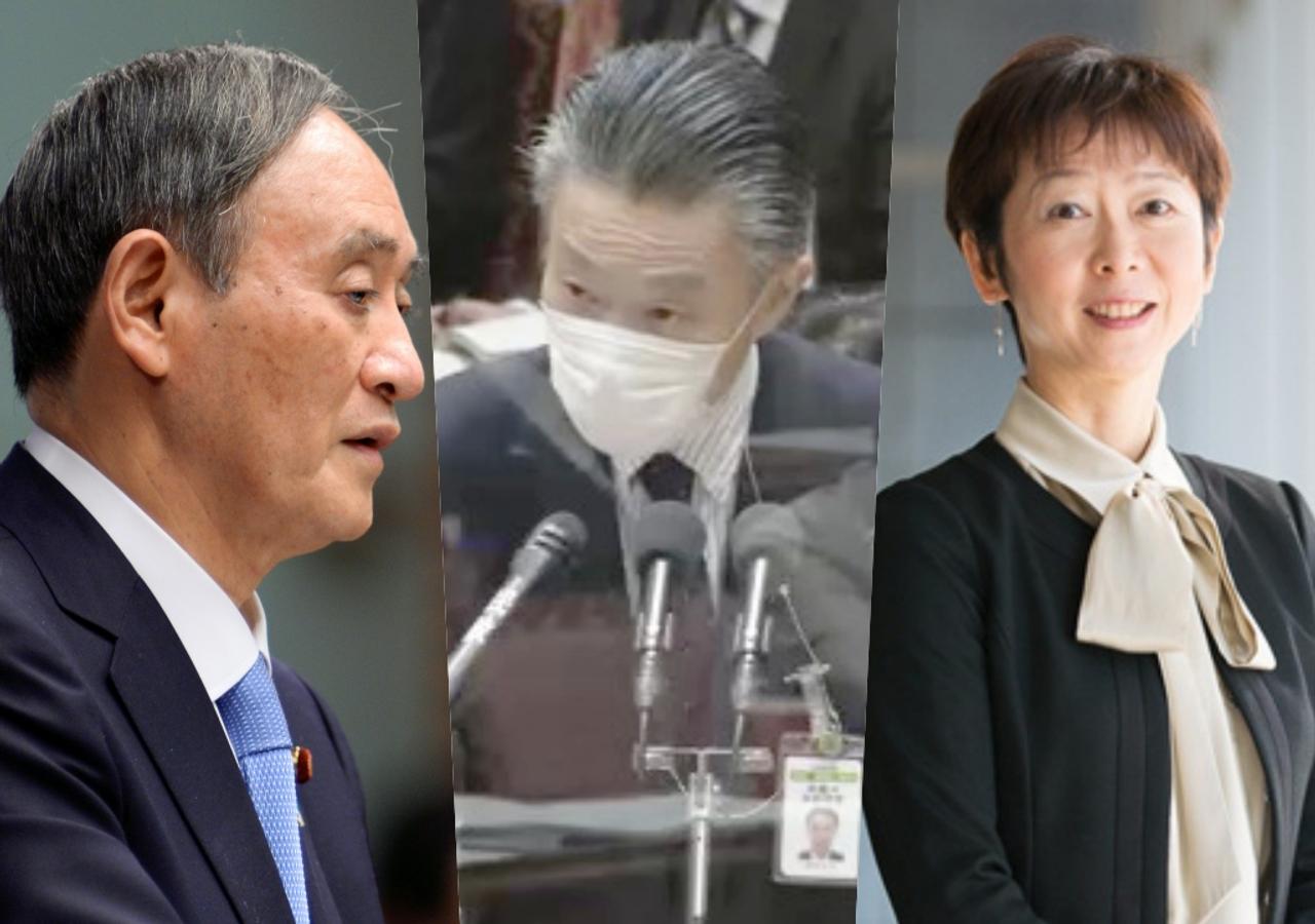 （左から）菅義偉首相、秋本芳徳・前情報流通行政局長、山田真貴子・内閣報道官