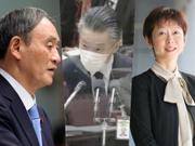 （左から）菅義偉首相、秋本芳徳・前情報流通行政局長、山田真貴子・内閣報道官
