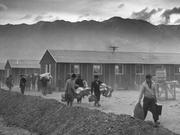 荷物を両手に持って、マンザナー収容所に第一陣として到着した82人の日系アメリカ人。1942年3月21日、カリフォルニア州オーウェンズバレー。