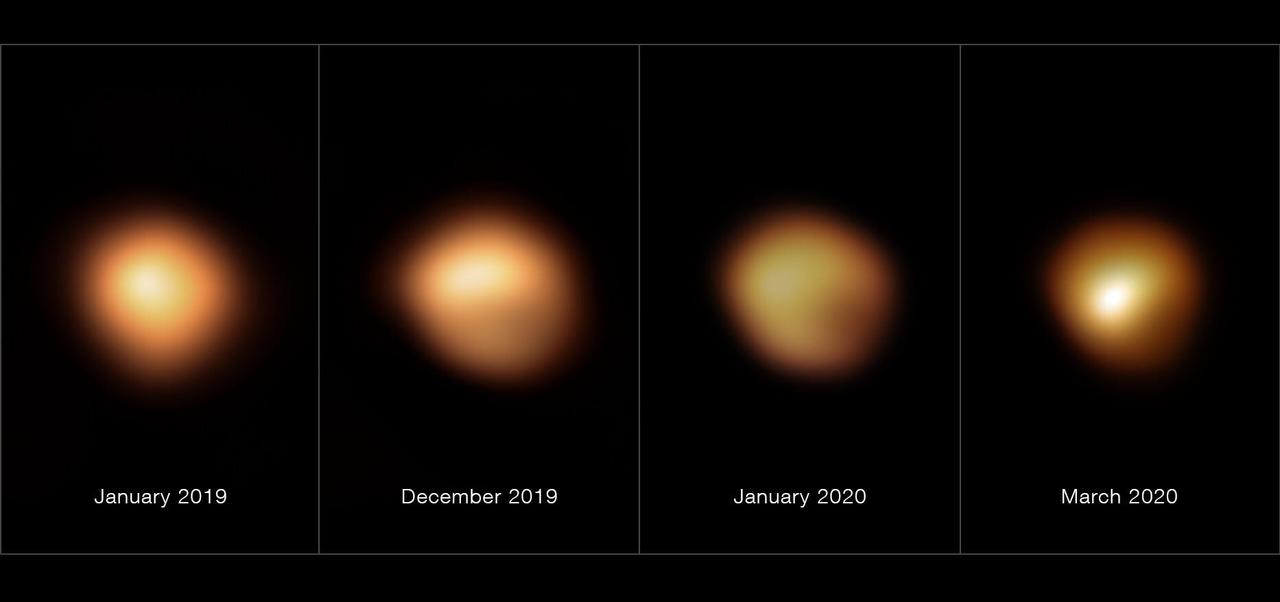 2019年1月（左端）から2020年3月（右端）にかけて、超大型望遠鏡が捉えた赤色超巨星ベテルギウスの表面の画像。減光していた様子が分かる。