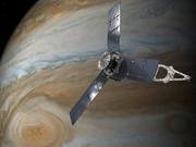An illustration of NASA&#39;s Juno spacecraft in orbit around Jupiter.