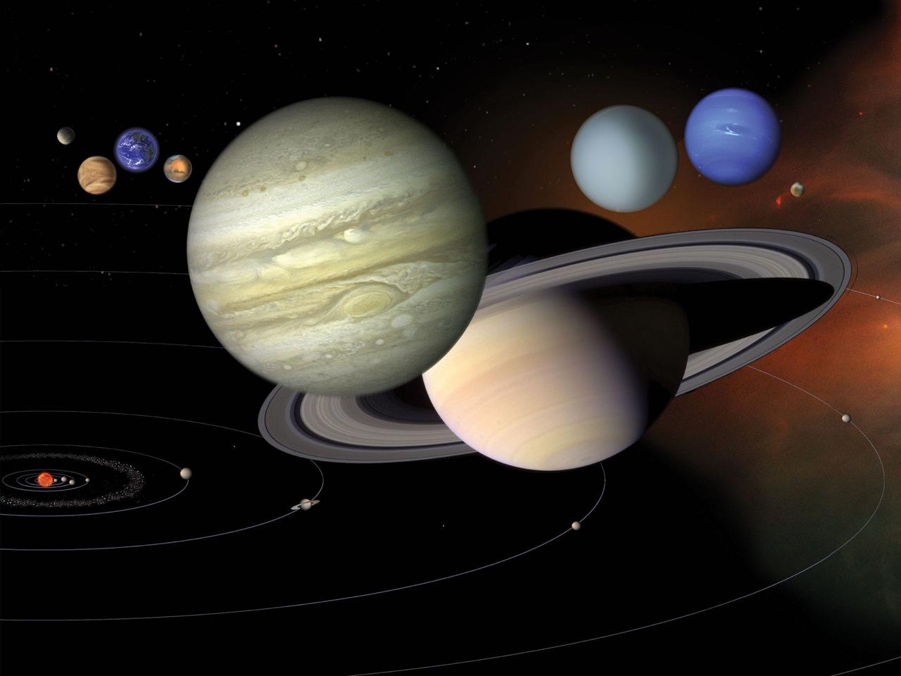 上の惑星はサイズ感を表し、その下の軌道上の惑星は距離感を表している。