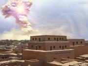 現在のヨルダンに位置していた古代都市、トール・エル・ハマムの上空で爆発する隕石の想像図。