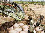 ムスサウルス・パタゴニカスの成体と、孵化したばかりの幼体の想像図。