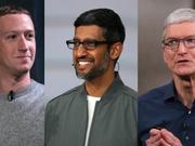 左から、フェイスブックのマーク・ザッカーバーグ、グーグルのサンダー・ピチャイ、アップルのティム・クック。