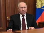 2022年2月21日、ウクライナについてテレビで演説を行うロシアのウラジーミル・プーチン大統領。