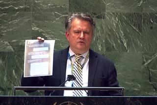 演説するウクライナのキスリツァ国連大使（2022年2月28日）