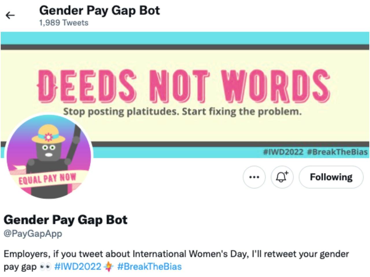 このTwitterボットは、国際女性デーを祝った企業の男女賃金格差をツイートしている。