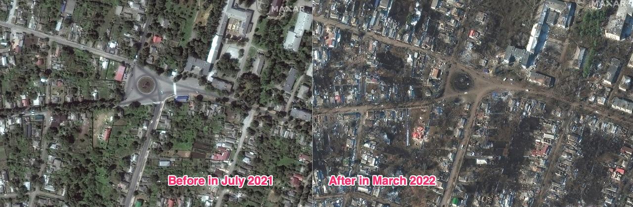 ウクライナ東部の都市、ヴォルノヴァーハの攻撃される前と後の衛星写真。