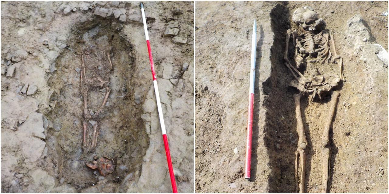 イギリス、ウェールズ南部のバリーで、ローマ時代や中世に埋葬された遺骨などが発見された。ローマ時代の遺骨（左）の足元には切断された頭部が置かれていた。 