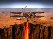 火星探査機インサイトとドーム型の地震計の火星での様子を示した想像図。