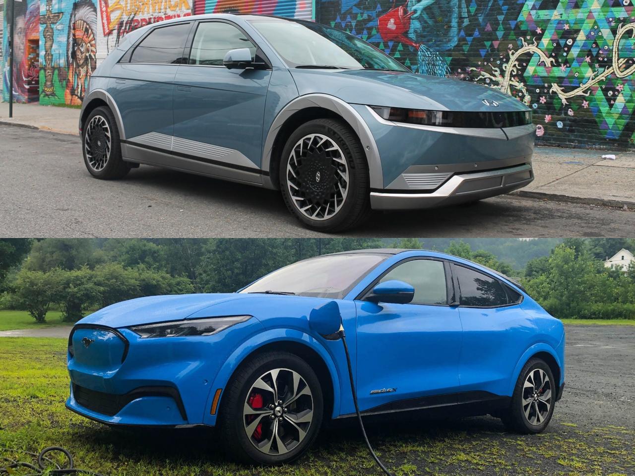 電気SUVのヒョンデ｢IONIQ5｣（上）とフォード｢マスタング・マッハE｣。