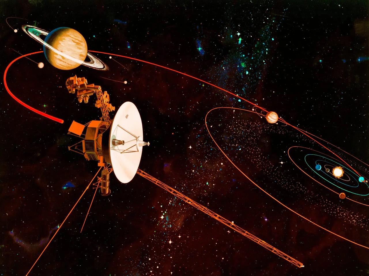 NASAの探査機ボイジャー1号とボイジャー2号の通過予定軌道を描いた想像図（1977年ごろ作成）。