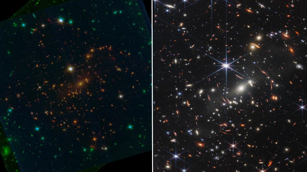 ハッブル宇宙望遠鏡で撮影された画像（左）と、JWSTで撮影された画像（右）。どちらもほぼ同じ領域を捉えたもの。