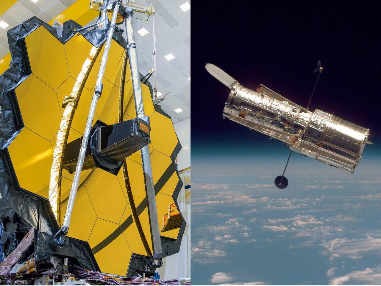 ジェームズ・ウェッブ宇宙望遠鏡（左）の性能は、ハッブル宇宙望遠鏡（右）の100倍だ。