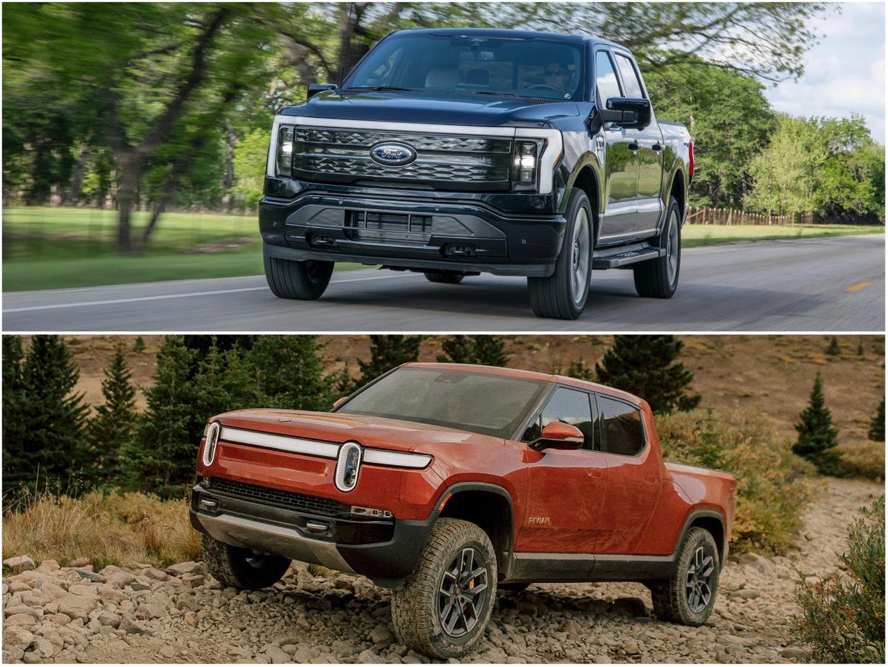 The Ford F-150 Lightning (top) and Rivian R1T electric pickup trucks.