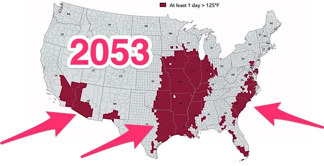 2053年に、少なくとも1日は華氏125度（摂氏およそ52度）以上の気温になると予想される米国の郡（ファースト・ストリート財団の予測）。
