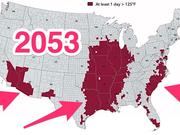 2053年に、少なくとも1日は華氏125度（摂氏およそ52度）以上の気温になると予想される米国の郡（ファースト・ストリート財団の予測）。