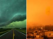 空の色が、サウスダコタ州では｢デレーチョ｣で空が緑色に（左）、カリフォルニアでは山火事でオレンジ色になった（右）。