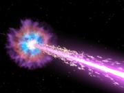 ブラックホールから強力なジェットが発生し、光速に近い速度で粒子が移動する様子を表したイラスト。