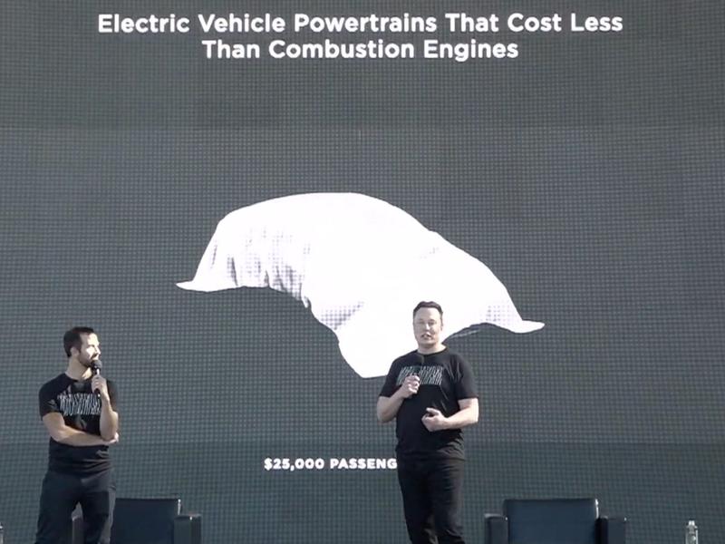2022年9月22日に行われたテスラのイベント「バッテリー・デー」で、2万5000ドルの未来の電気自動車について発表するイーロンマスク。