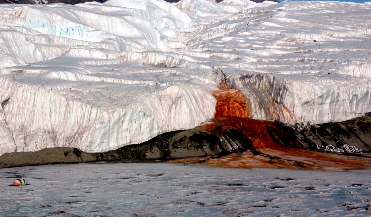南極大陸のテイラー氷河の末端からボニー湖にしみ出す｢血の滝｣。2006年11月26日撮影。