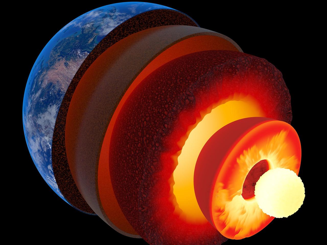 地殻、マントル、外核、内核の層から成る地球の構成を示した概念図。