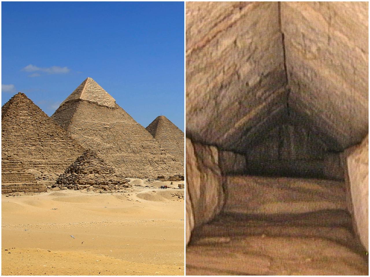  ギザの大ピラミッド（左）内部の今まで知られていなかった通路（右）が、｢スキャン・ピラミッド｣プロジェクトの研究者らによって発見された。