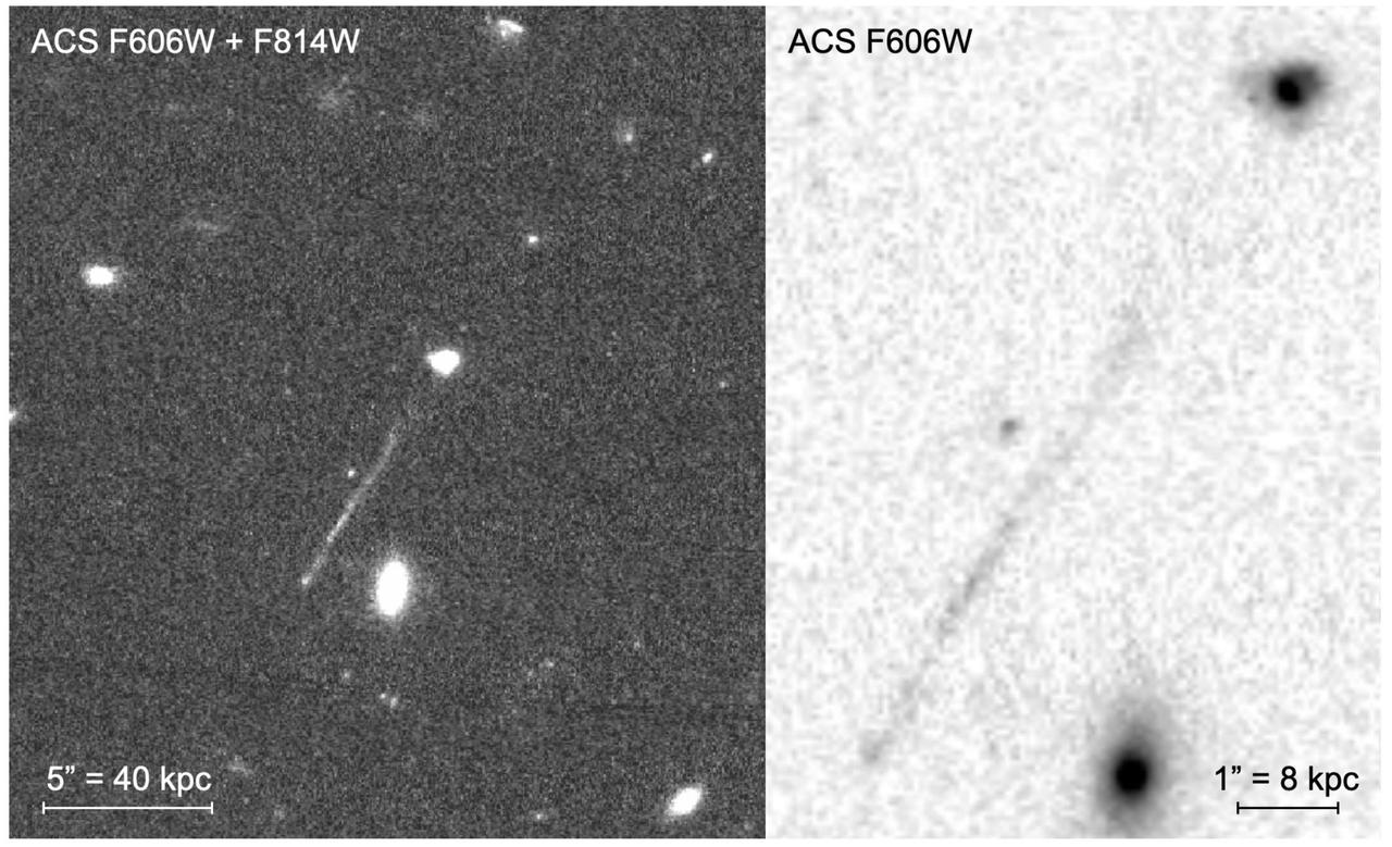 両画像とも、右上の点で示される銀河から光の筋が伸びている。その先にある点が、暴走した超巨大ブラックホールを示している。