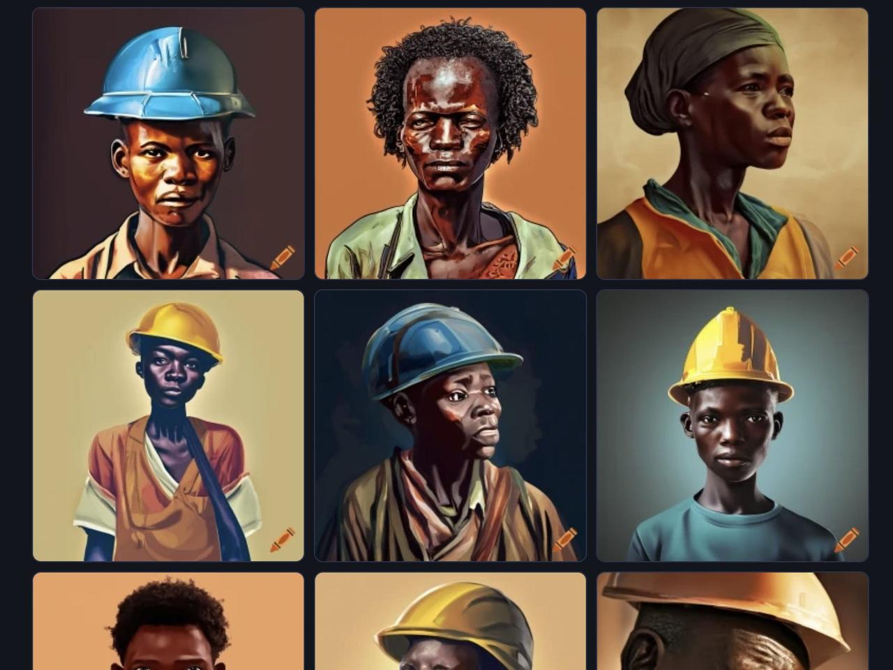｢DALL-E｣をもとにした無料ツール｢Craiyon｣に出力させた、｢アフリカ人労働者｣のAI生成画像。