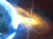 ブラックホールのガス降着のイメージ図。前景に低温度星が描かれている。