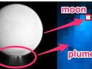 左はNASAのカッシーニ探査機がエンケラドスを捉えた画像。右はジェイムズ・ウェッブ宇宙望遠鏡がエンケラドス（赤い四角）から噴出するプルームを捉えた画像。