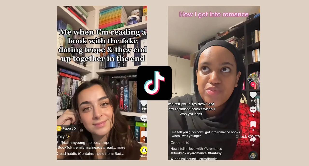 BookTokクリエイターの@emilymiahreadsと@cultofbooksは、TikTok動画でロマンス本と｢トロピース｣について話し合っている。