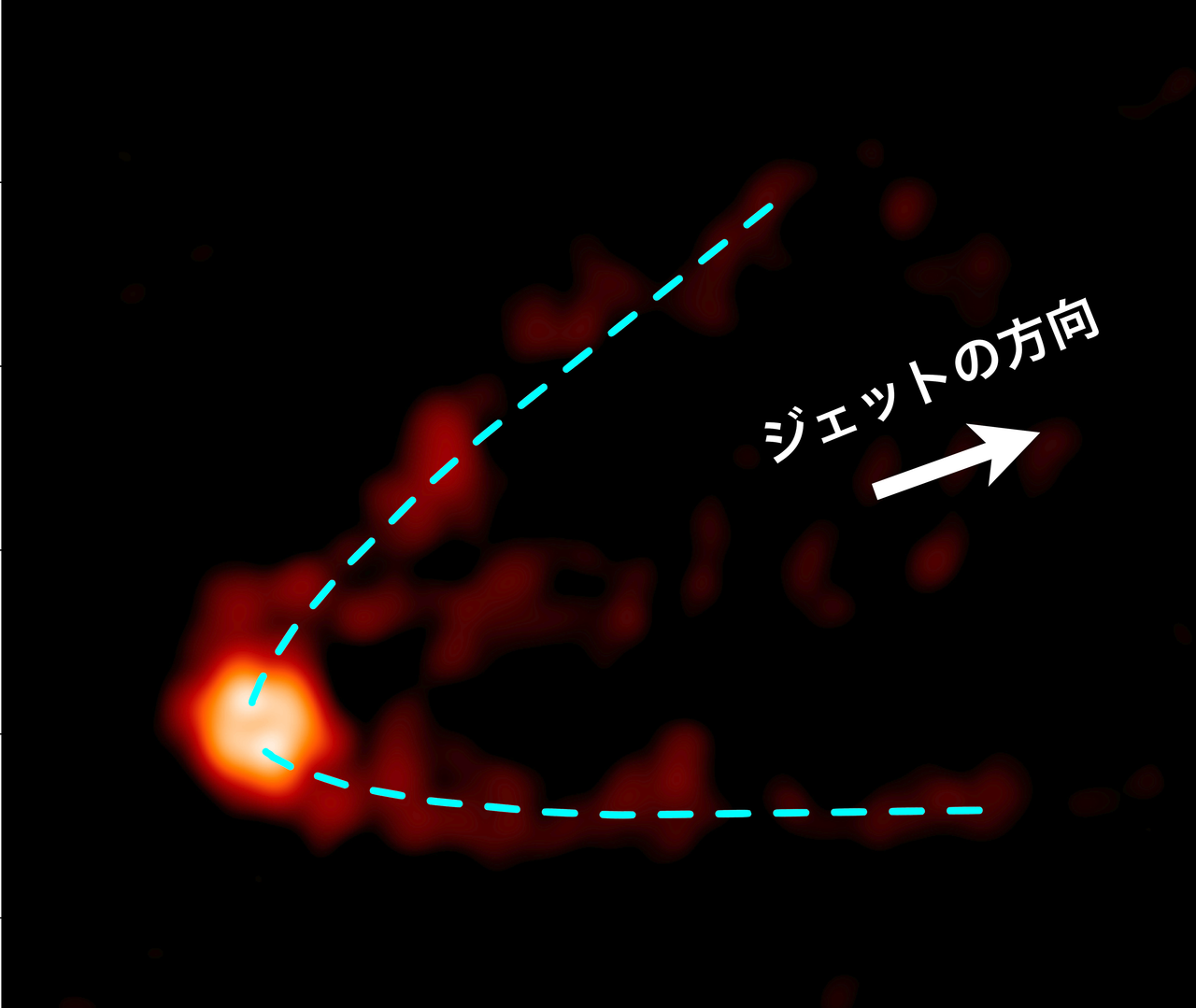 M87中心部の電波画像とジェット理論モデルの合成図